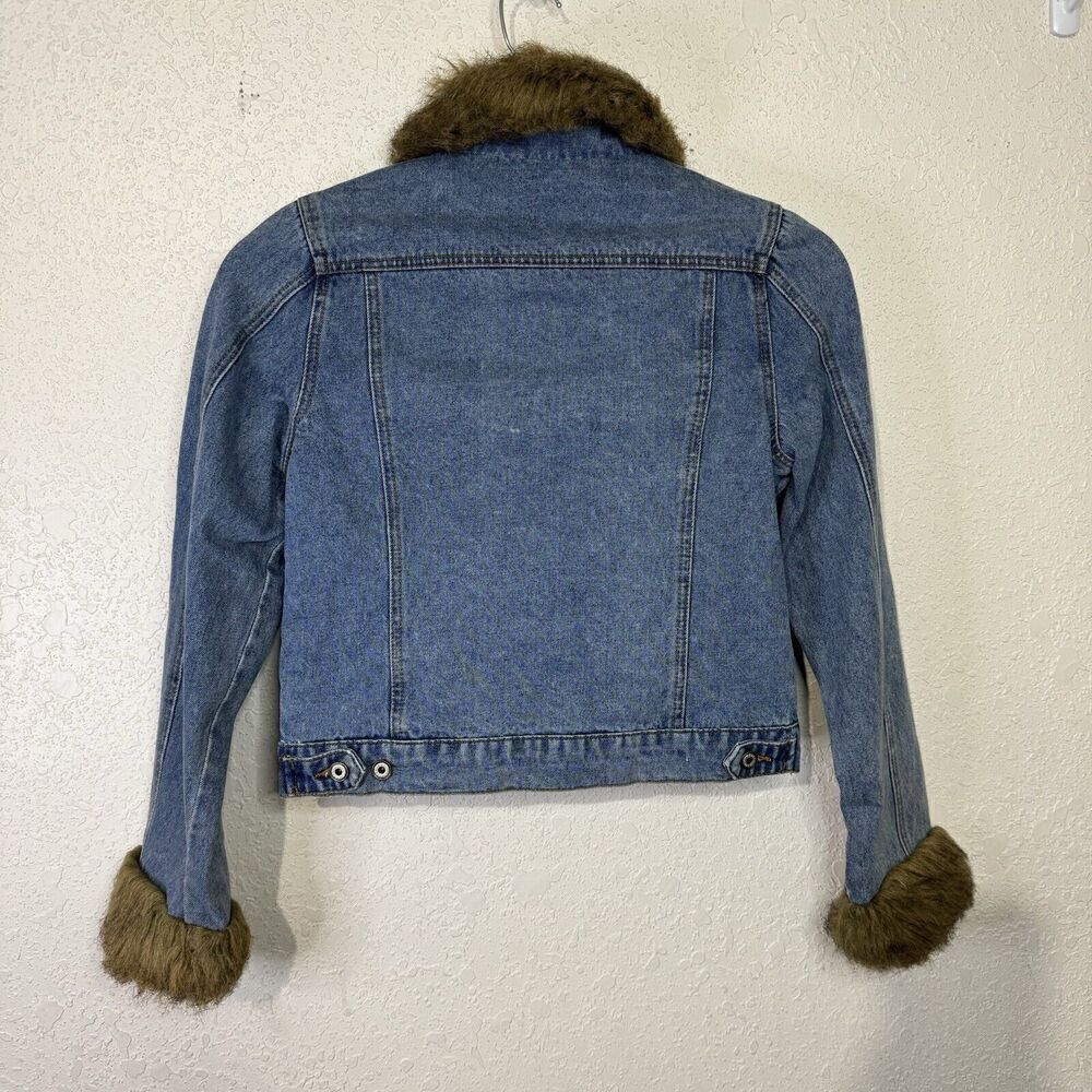 One Tuff Babe Denim Jacket Faux Fur Trim Blue Woman Size L Button Close - Picture 3 of 11